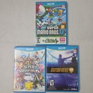 Lot Of 3 Wii U Games Super Smash Bros & Super Mario Bros & Guitar Hero Live